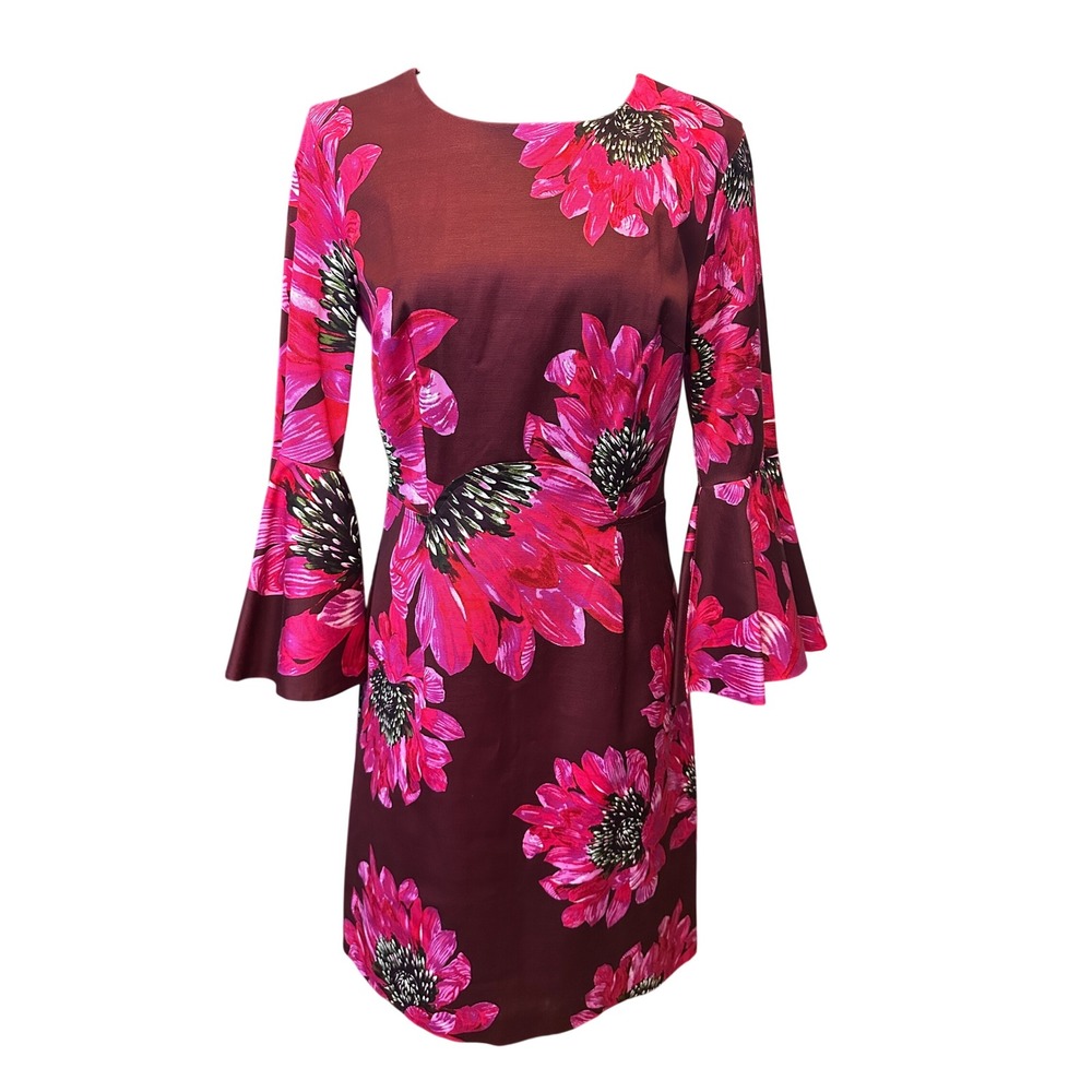 Trina Turk Burgundy Pink Floral Bell Sleeve Shift Dress 6 Splendid Luxe